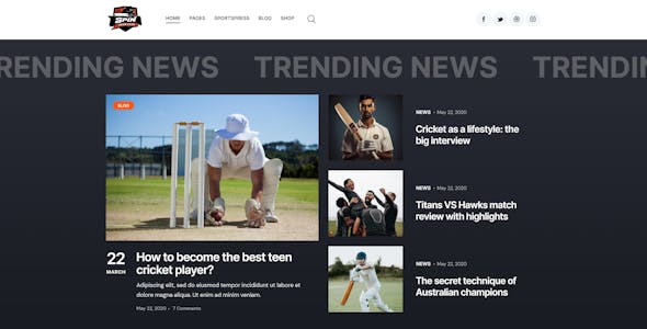 Spin - Cricket Team Sports WordPress Theme + AI